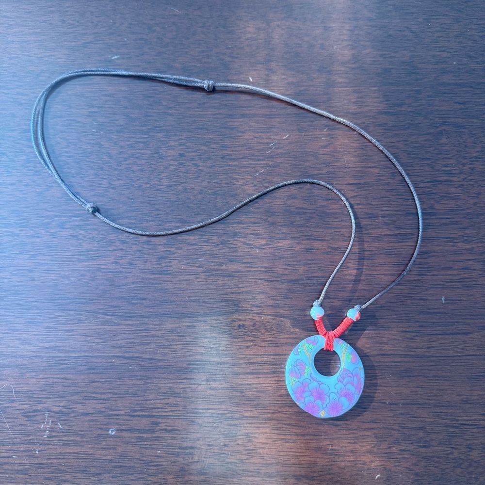 Round Ceramic Pendant Necklace, Painted Pink Flowers & Adjustable Leather Cord